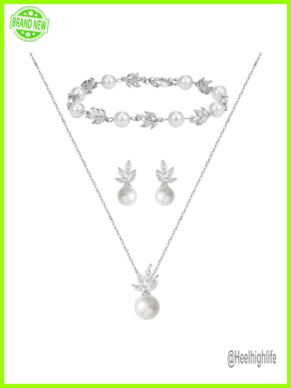 Pearl Cubic Zirconia Bridal Wedding Jewelry Set Necklace Bracelet Earrings